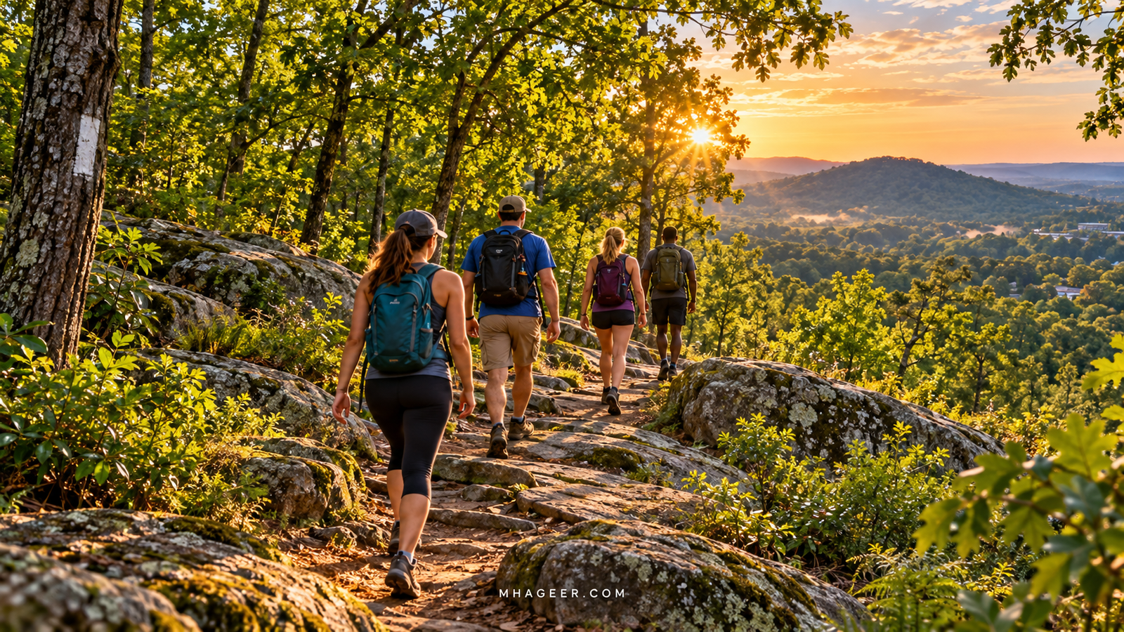 AI-generated illustration of friends walking through sunlit woodland inspired by Kennesaw Mountain