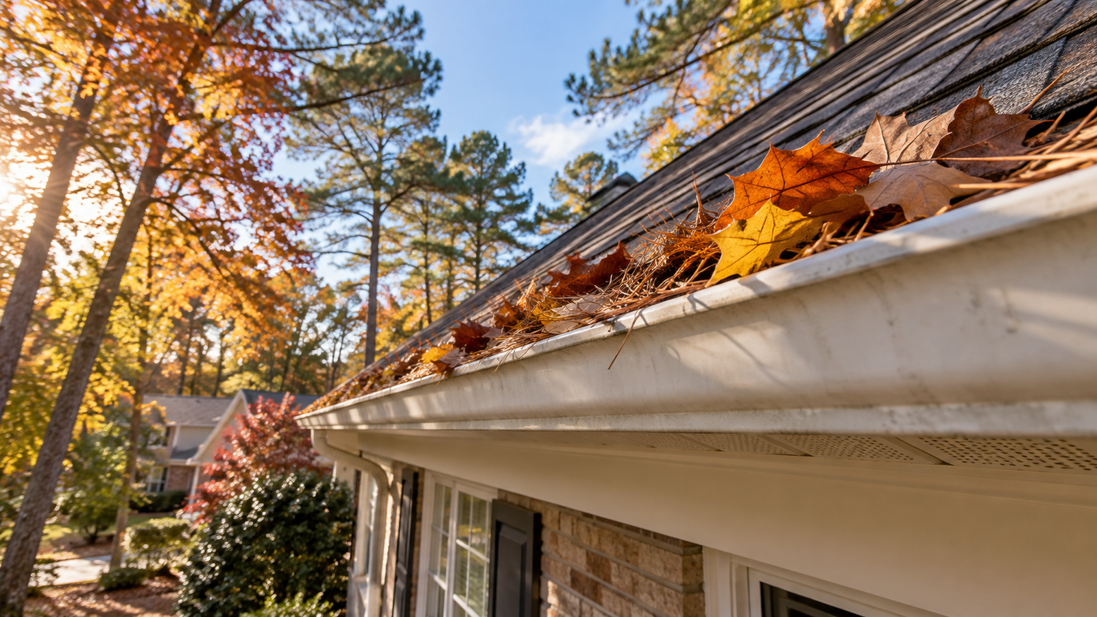 Illustration of autumn leaves and pine needles collecting along a residential gutter