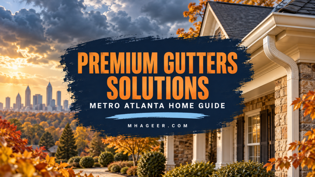 Mhageer cover for Premium Gutters Solutions with orange lettering, an illustrated Atlanta-area home and roof gutter