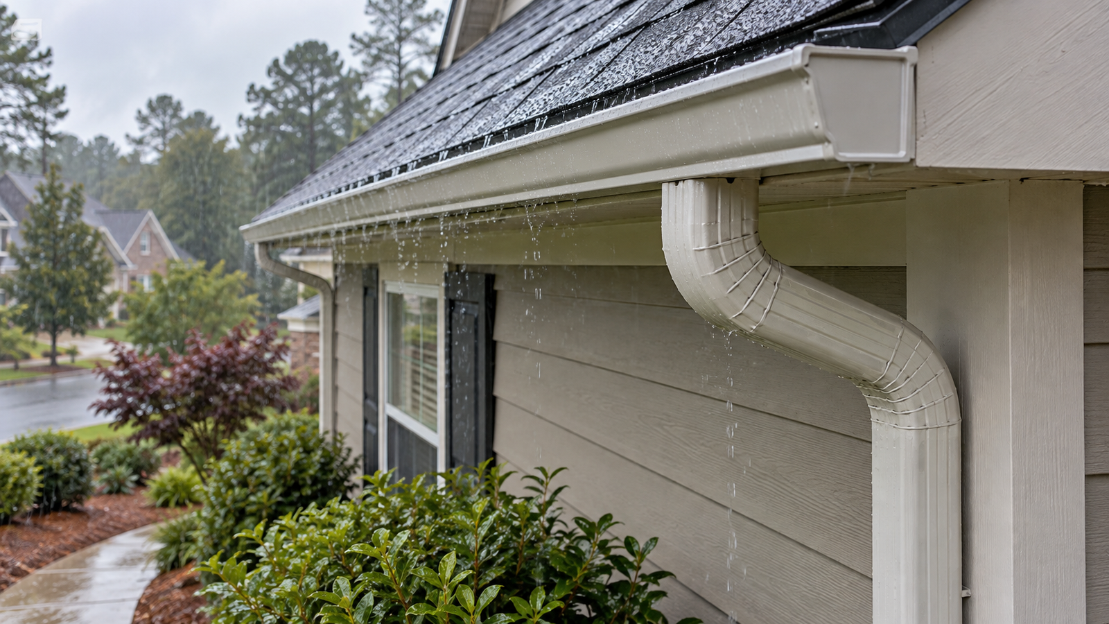 Illustration of a gutter and downspout along an Atlanta-area home's roofline during light rain