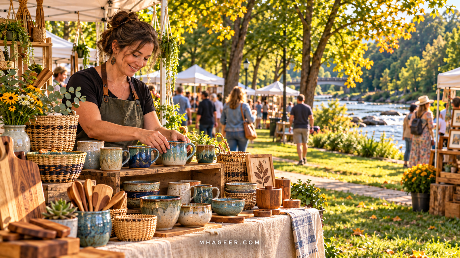 Imagined artisan arranging glazed pottery and woven baskets at an outdoor festival stall