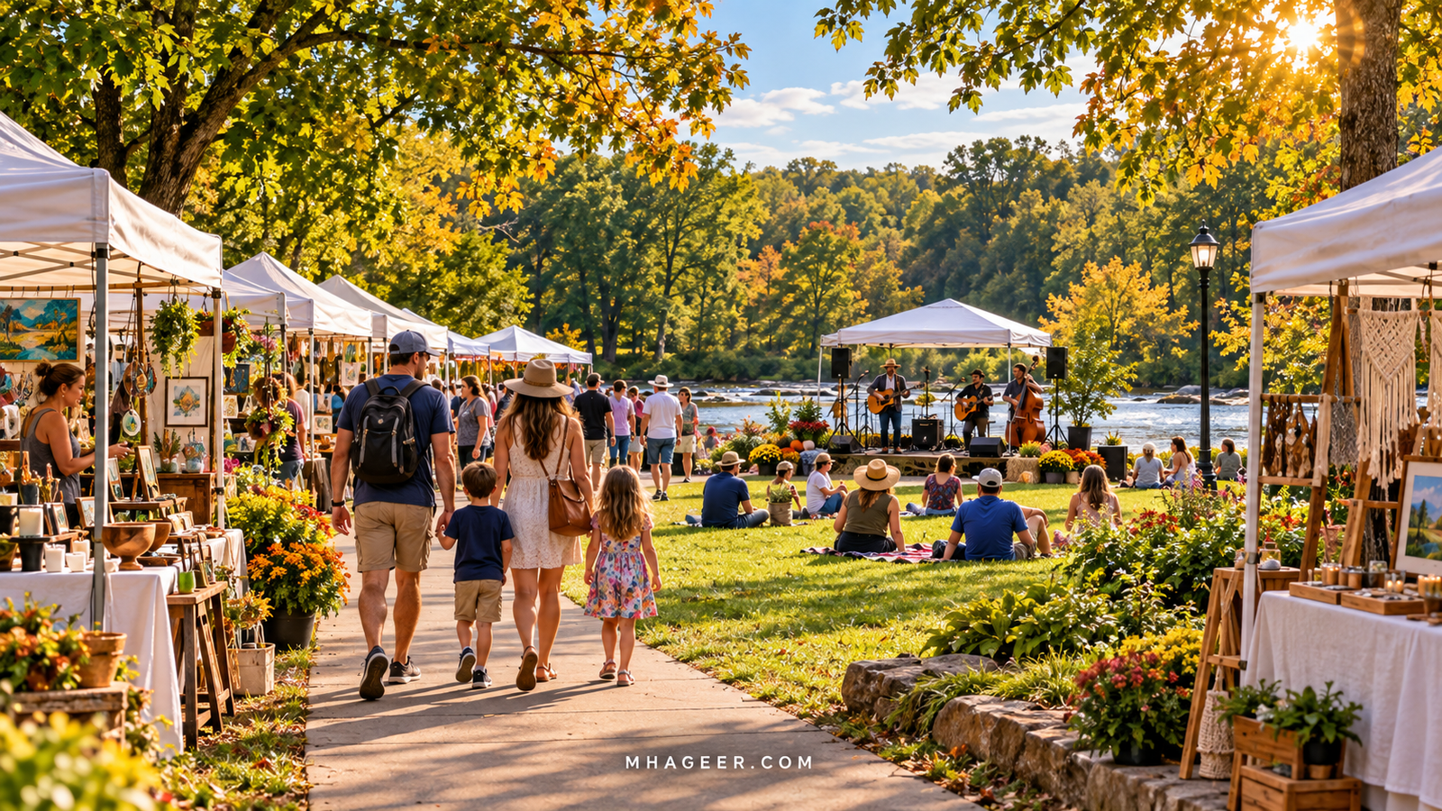 Imagined family strolling past craft tents and a small outdoor performance in a leafy park