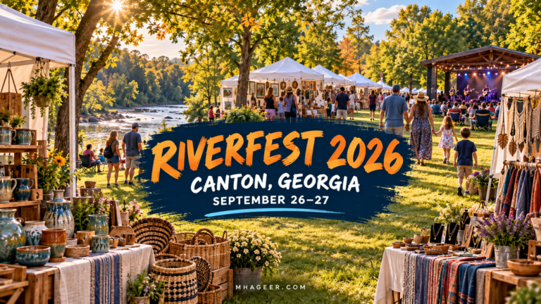 Riverfest 2026 Canton Georgia cover with September 26–27 dates, artisan tents, a riverside festival scene, and bold orange lettering