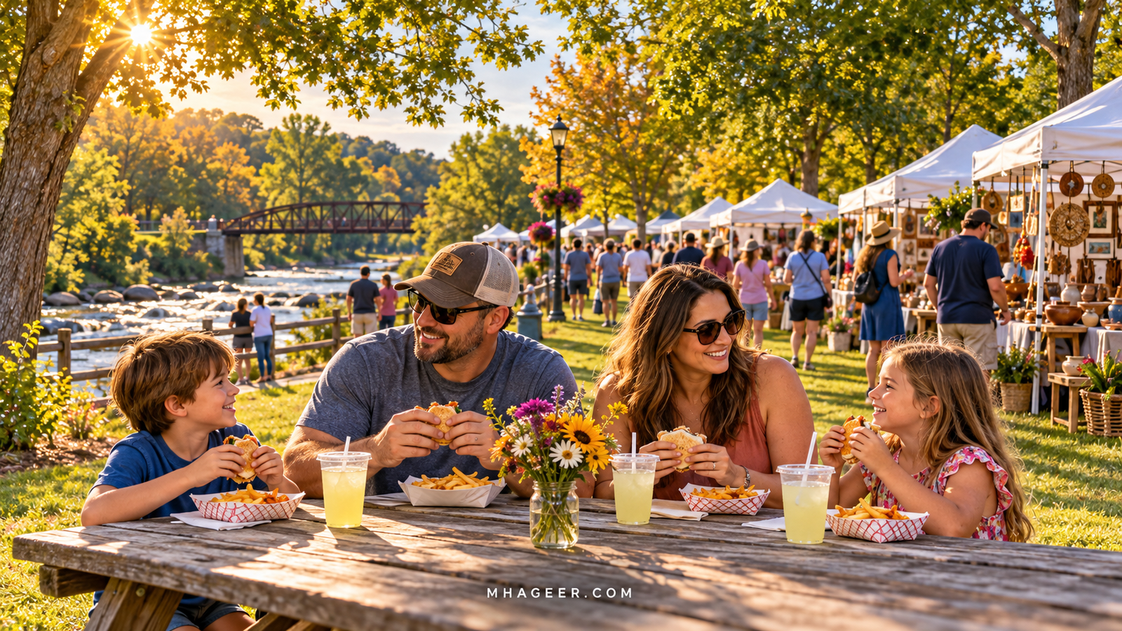 Imagined family enjoying sandwiches and lemonade during a sunny outdoor festival