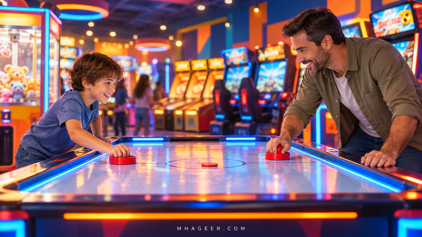 Illustration of a parent and child playing air hockey in a colorful arcade