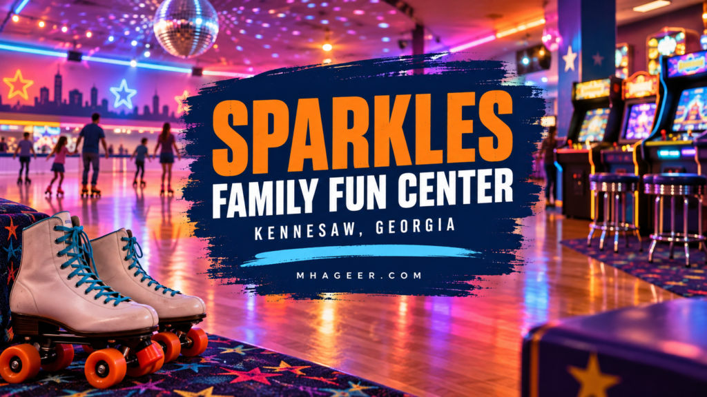 Sparkles Kennesaw guide cover with orange lettering, roller skates, and an illustrated neon-lit rink