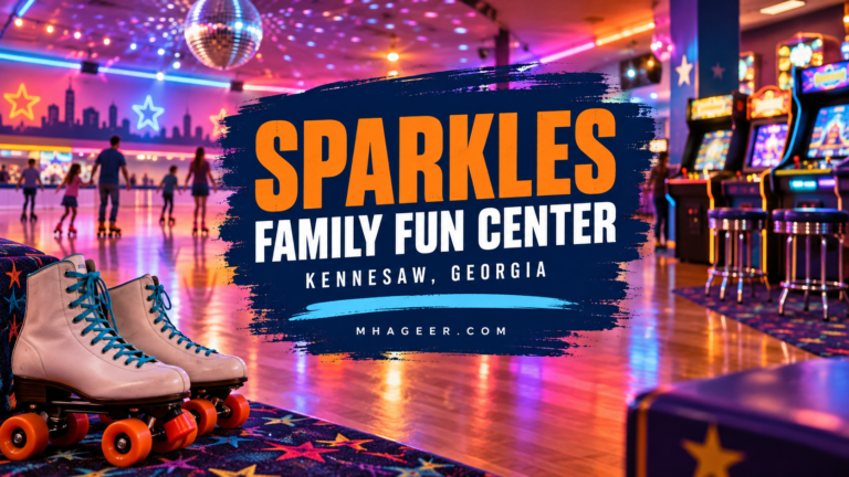 Sparkles Kennesaw guide cover with orange lettering, roller skates, and an illustrated neon-lit rink
