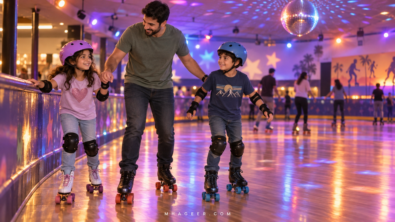 Illustration of a parent and children enjoying a relaxed indoor roller-skating outing