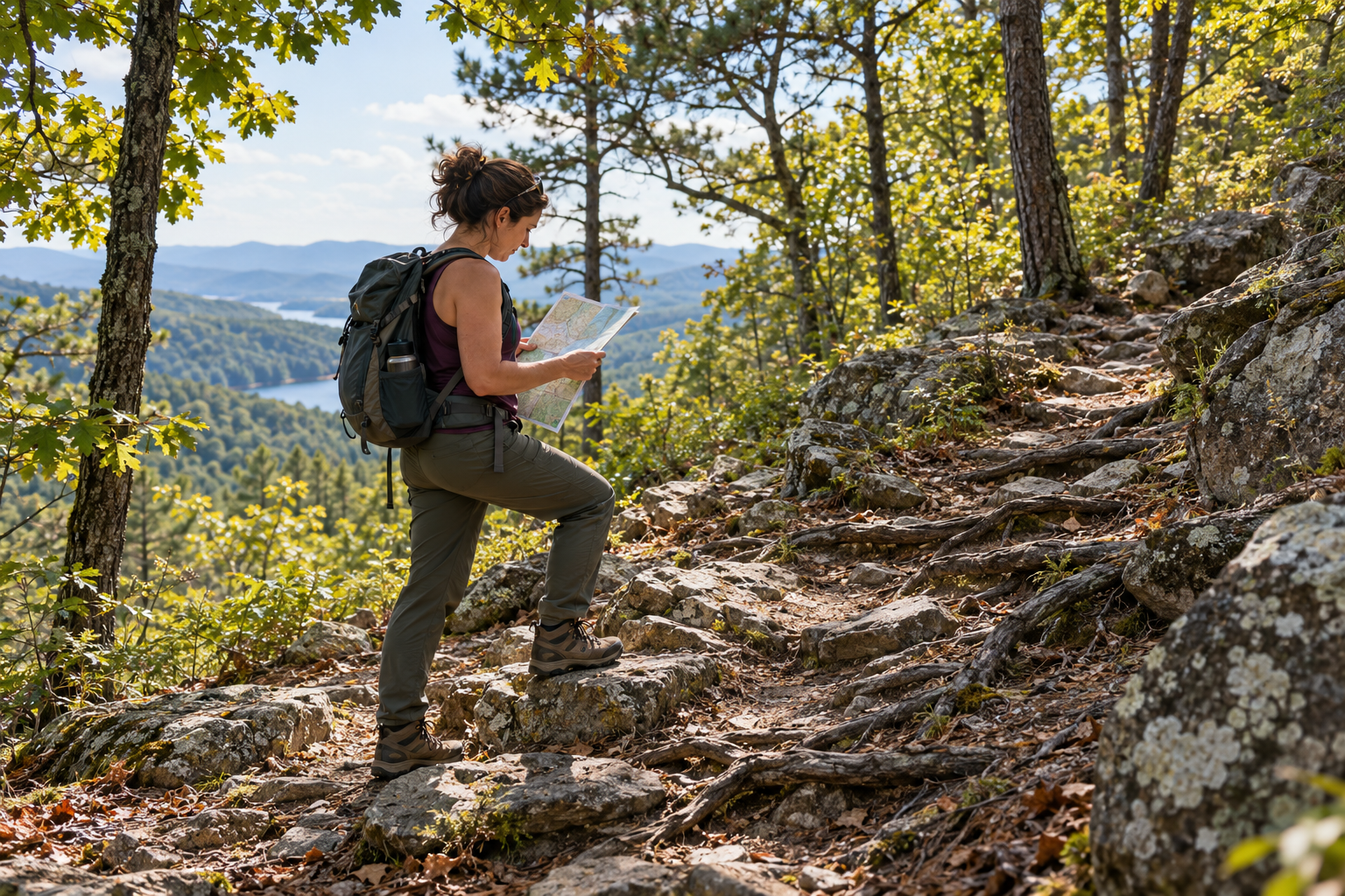 Conceptual editorial image of a hiker checking a map on a rocky wooded trail