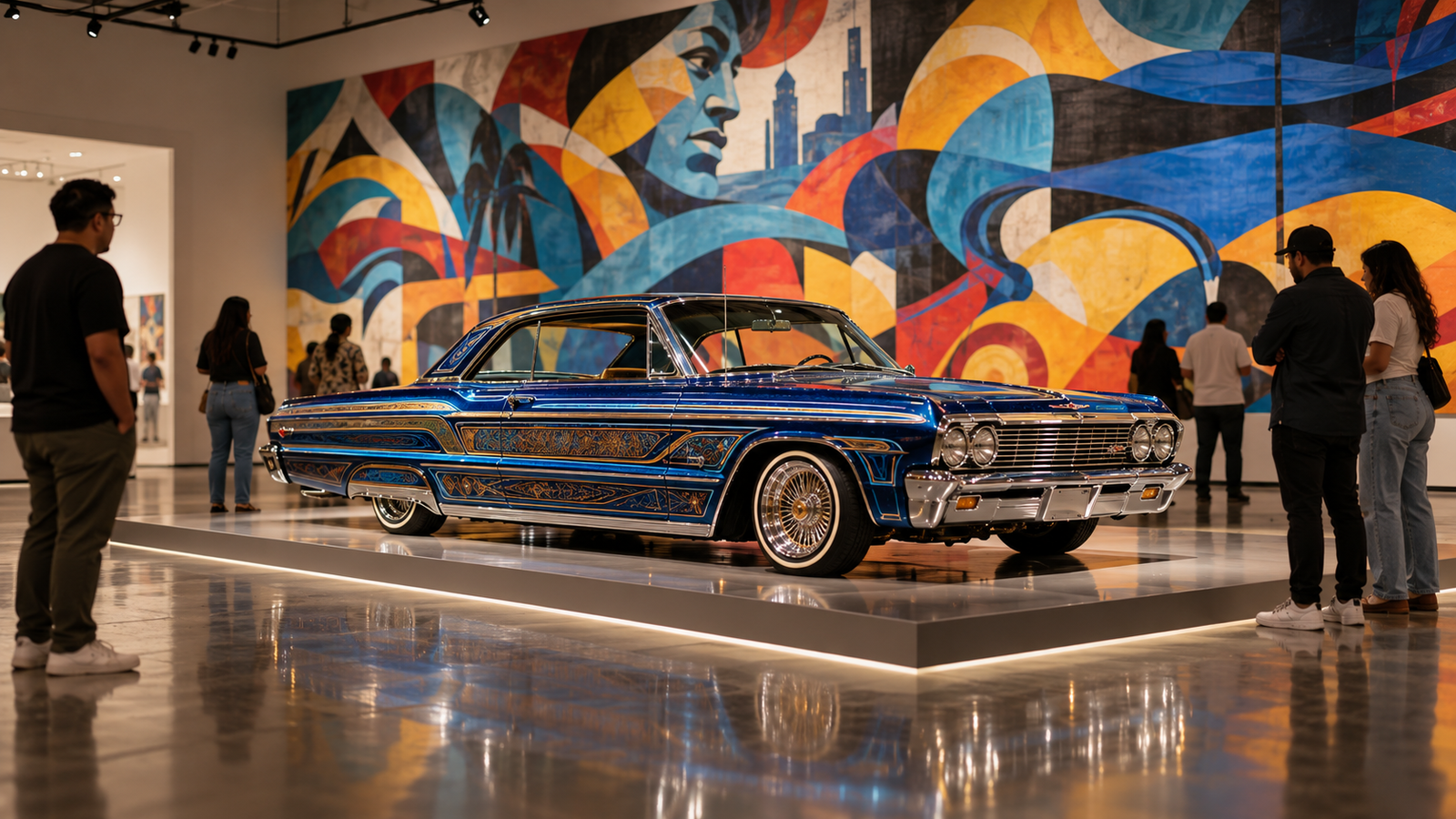 Conceptual illustration of a customized lowrider-style car displayed in a modern art museum