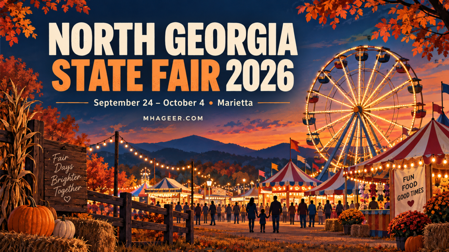 Illustrated North Georgia State Fair 2026 cover with a glowing Ferris wheel, autumn leaves, and September 24–October 4 dates.