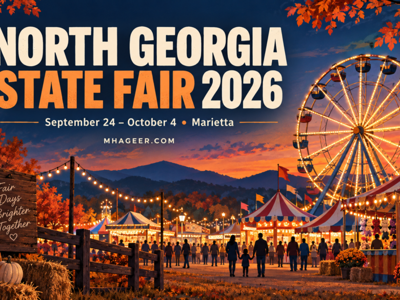 Illustrated North Georgia State Fair 2026 cover with a glowing Ferris wheel, autumn leaves, and September 24–October 4 dates.