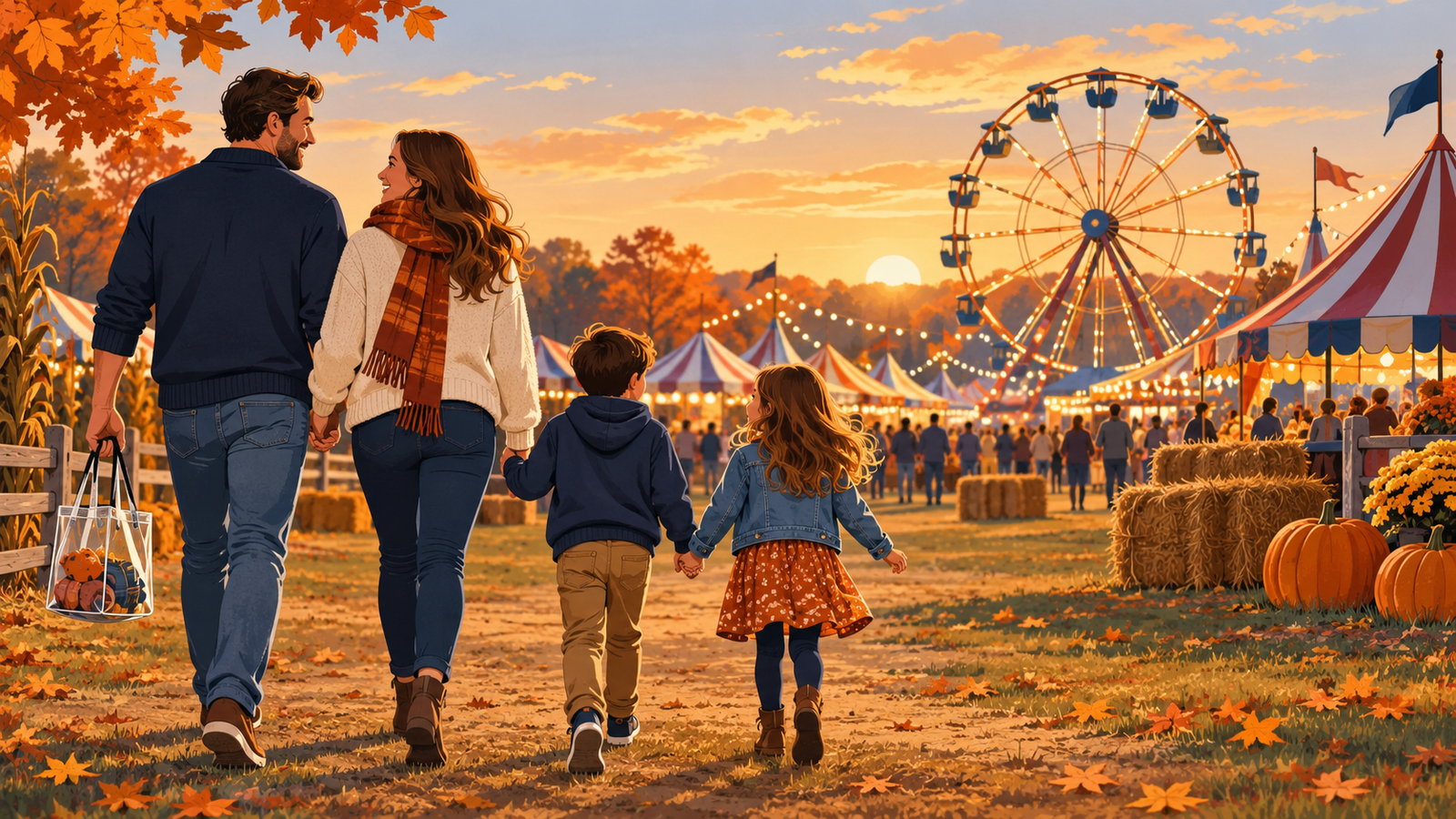 Illustration of two adults and two children approaching a carnival at sunset, with one adult carrying a clear tote.