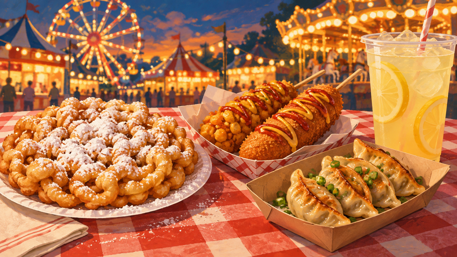 Illustration of funnel cake, corn dogs, dumplings, and lemonade on a table with carnival lights behind them.