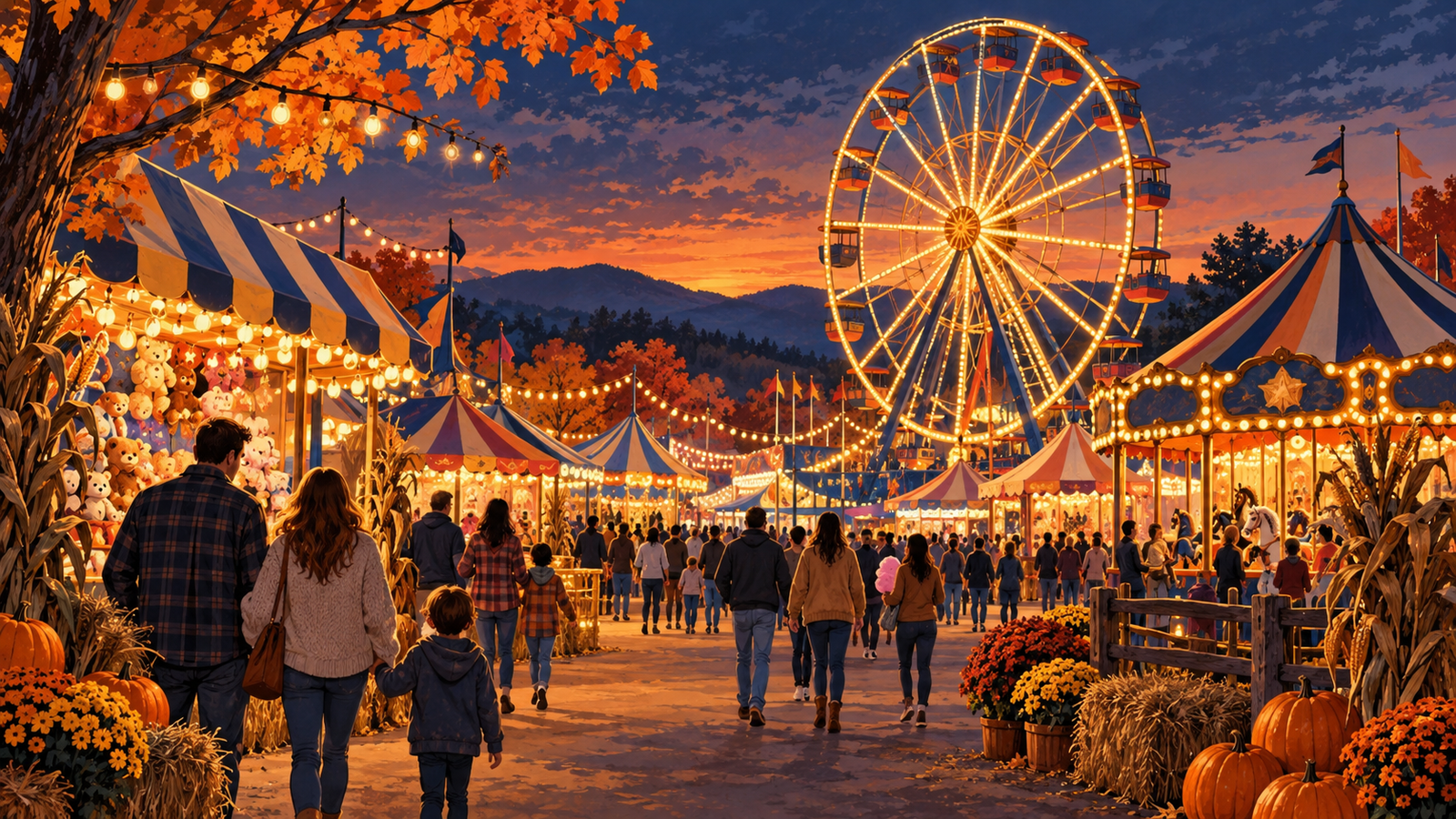 Illustration of visitors walking between carnival tents beneath a glowing Ferris wheel at dusk.