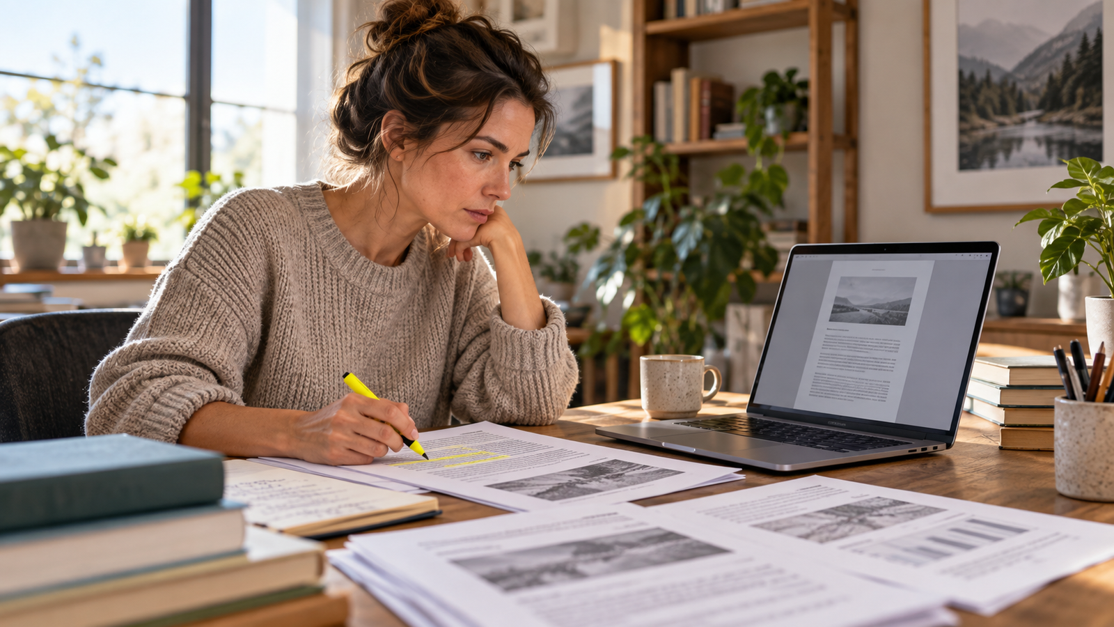 Researcher reviewing a PDF and printed reference pages at a desk