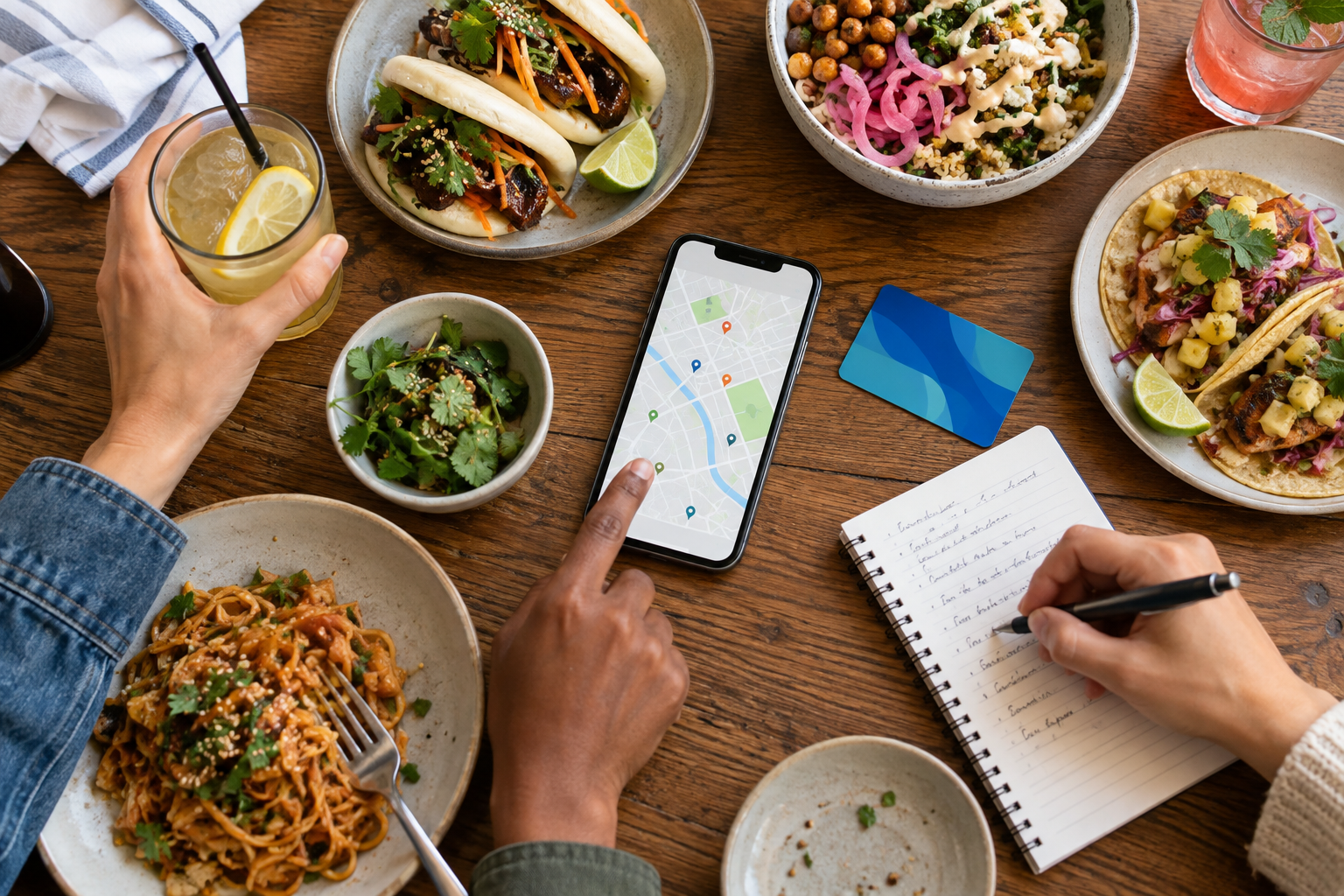 AI-generated top-down editorial illustration of shared food, a generic map, and a visitor planning a meal.
