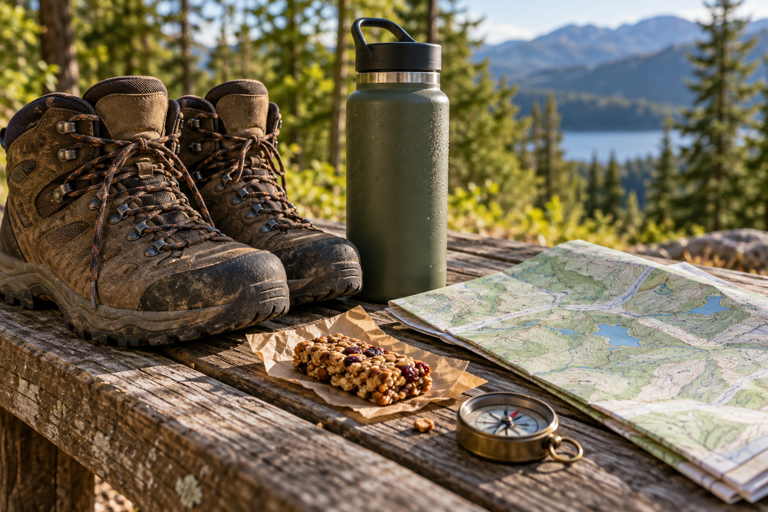 Conceptual editorial image of boots water bottle map and compass prepared for a hike
