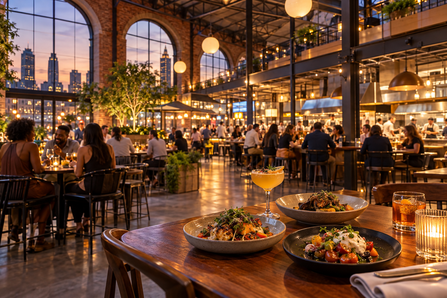 AI-generated editorial illustration of a lively brick-and-steel food hall with diners and shared plates.