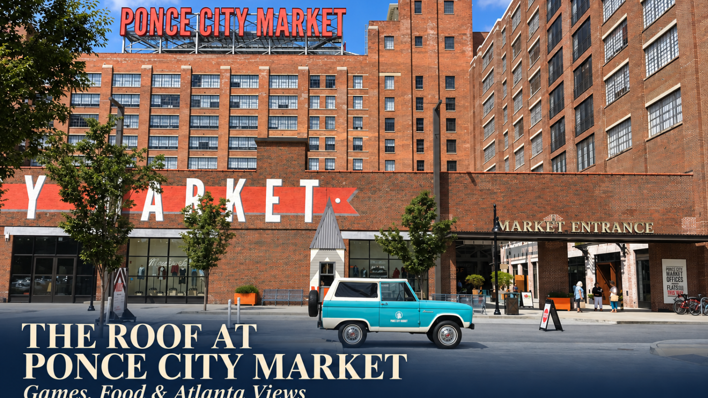 AI-assisted photo cover showing Ponce City Market’s brick exterior and red sign, with the rooftop guide title.