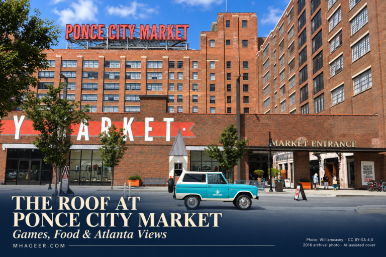 AI-assisted photo cover showing Ponce City Market’s brick exterior and red sign, with the rooftop guide title.