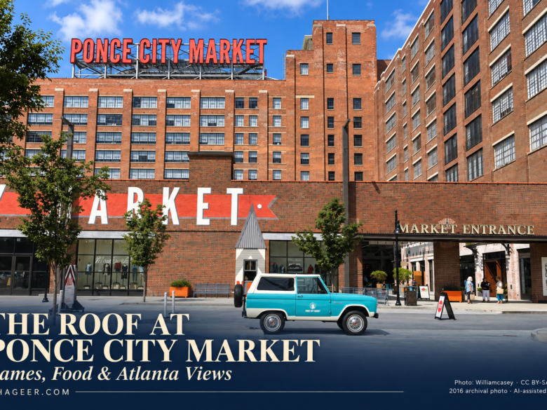AI-assisted photo cover showing Ponce City Market’s brick exterior and red sign, with the rooftop guide title.