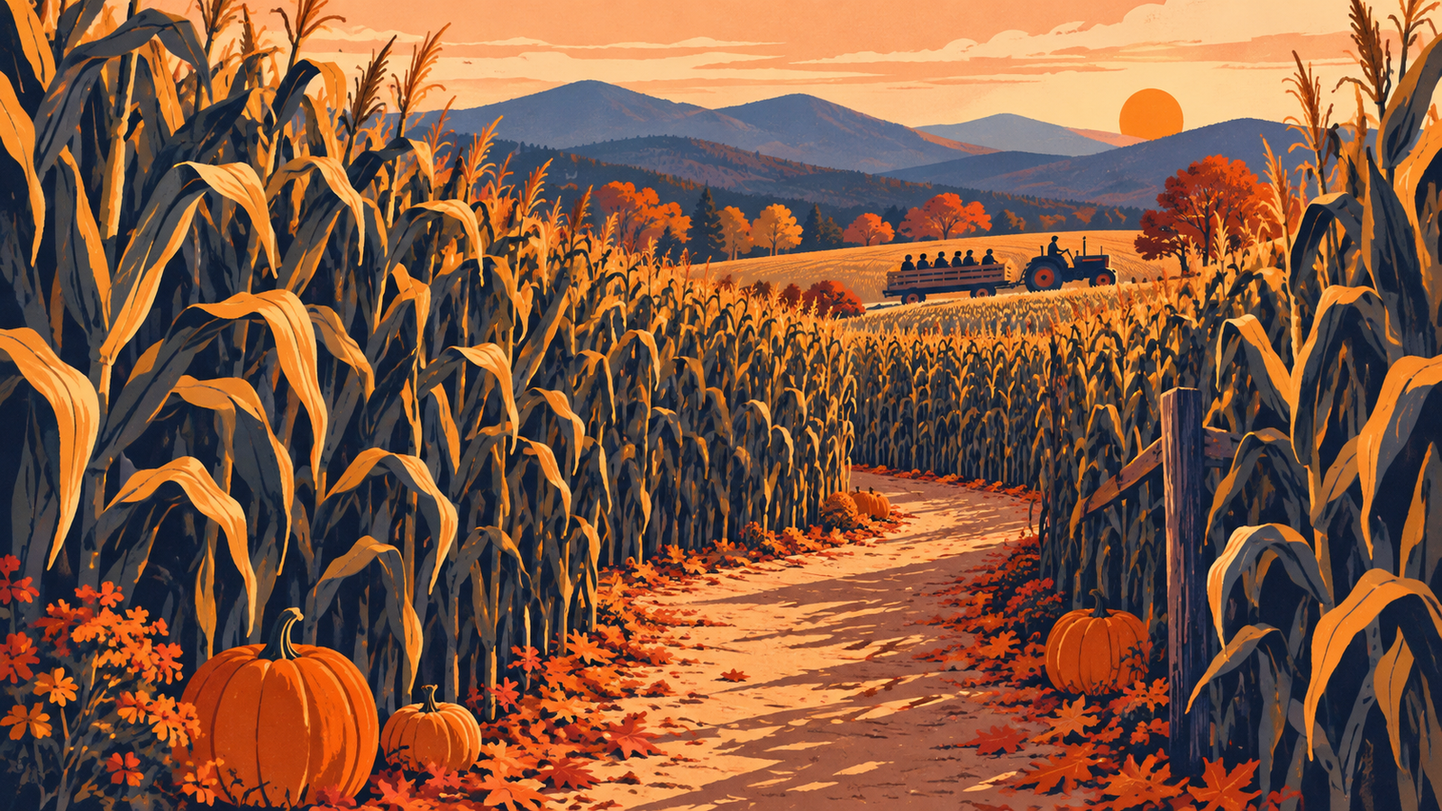 Conceptual illustration of a corn maze path with pumpkins and a distant hayride wagon