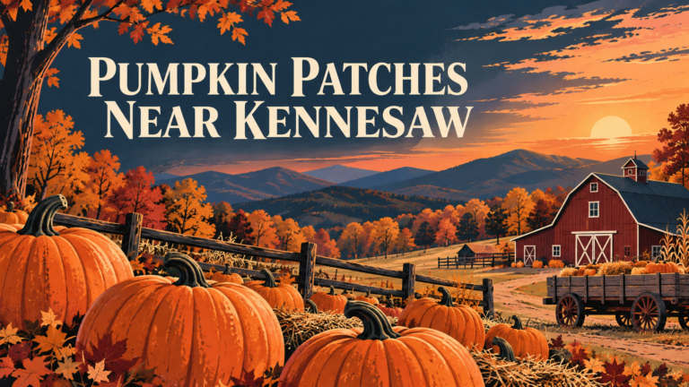 Illustrated North Georgia pumpkin farm at sunset with the headline Pumpkin Patches Near Kennesaw