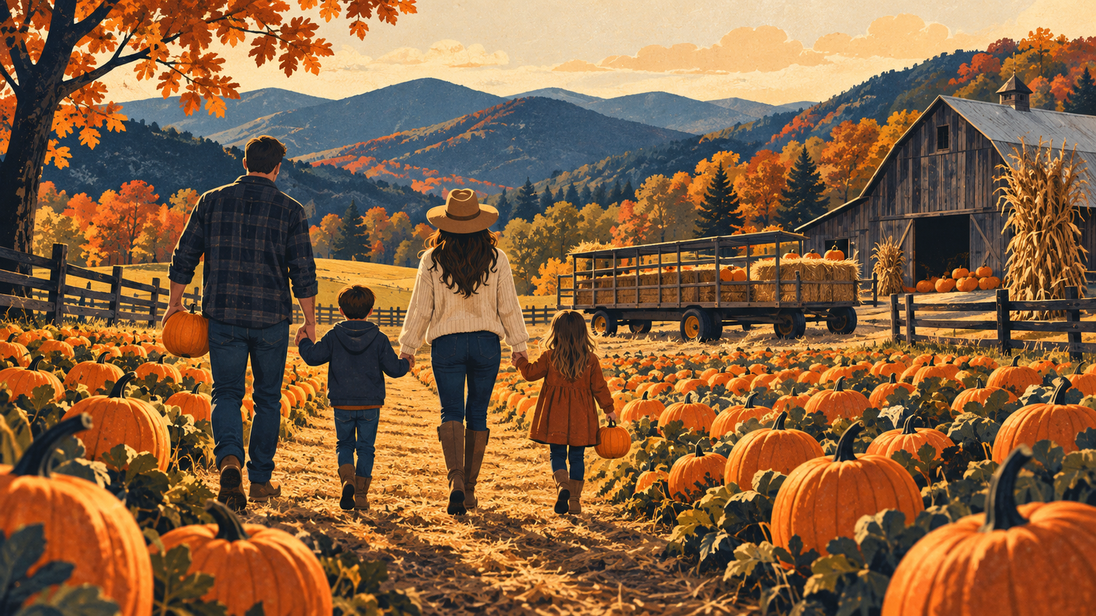 Conceptual illustration of a family walking through a Georgia pumpkin patch toward a hay wagon