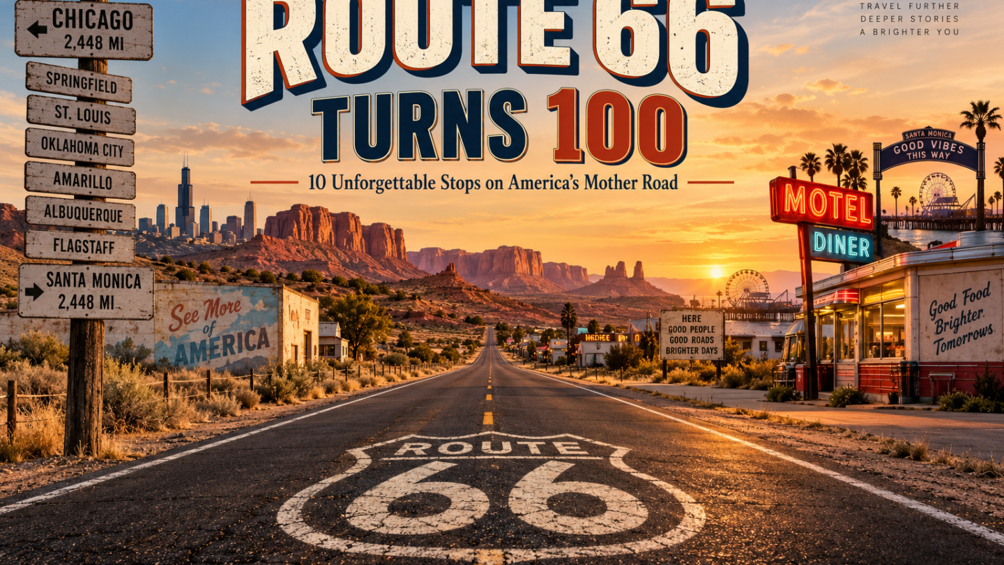 Editorial illustration of a Route 66 desert highway with neon roadside signs and a sunset.