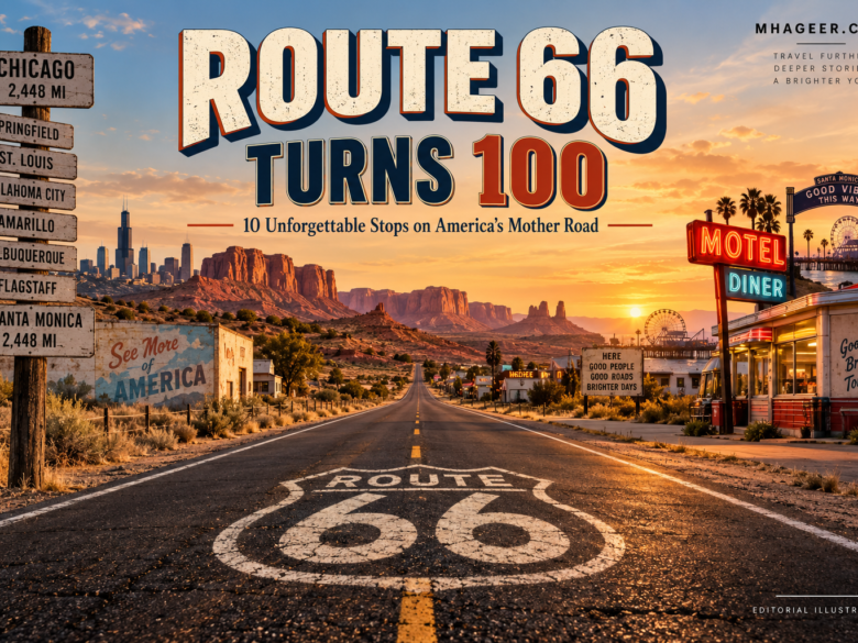 Editorial illustration of a Route 66 desert highway with neon roadside signs and a sunset.