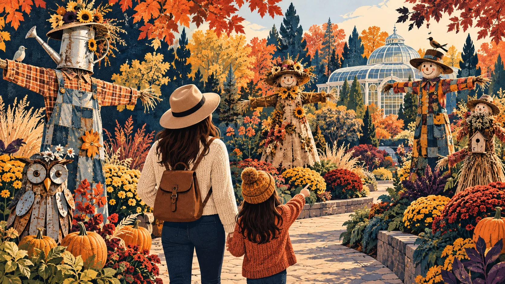 Illustration of a parent and child viewing handmade scarecrows on an autumn garden path