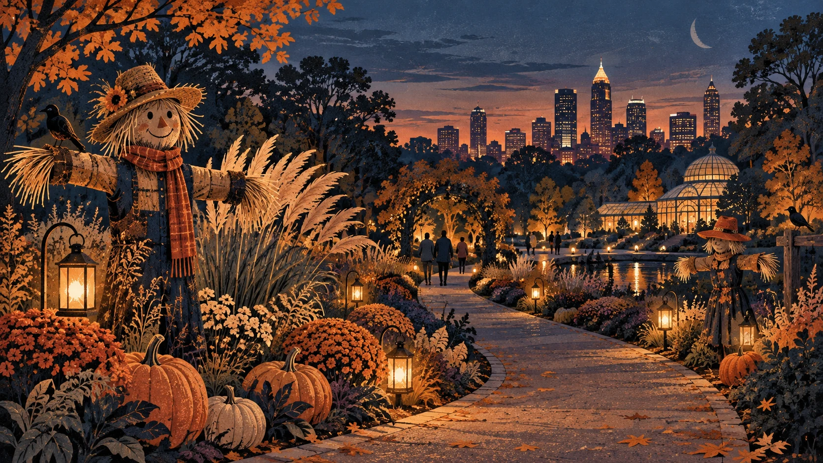 Illustrated Atlanta garden path with scarecrows and warm lights at dusk