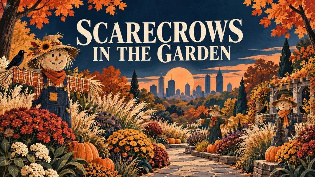 Conceptual autumn garden illustration with scarecrows and the text Scarecrows in the Garden