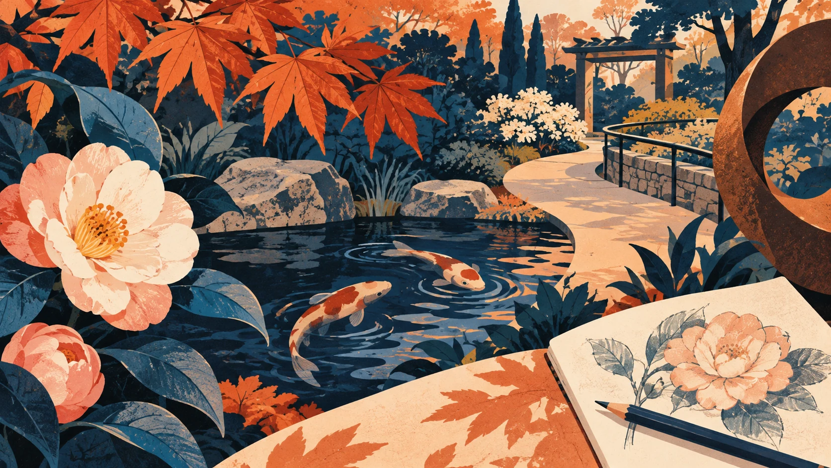 Illustration of camellia blooms, koi pond, maple leaves, and a garden sketchbook