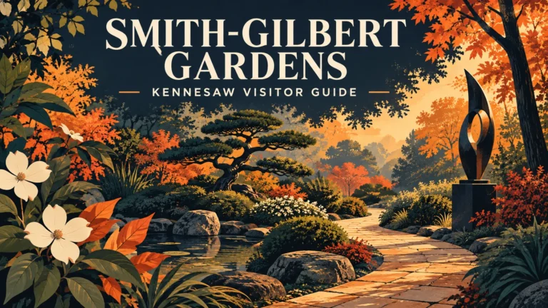 Illustrated Smith-Gilbert Gardens Kennesaw visitor guide cover with winding path, bonsai, flowers, and sculpture