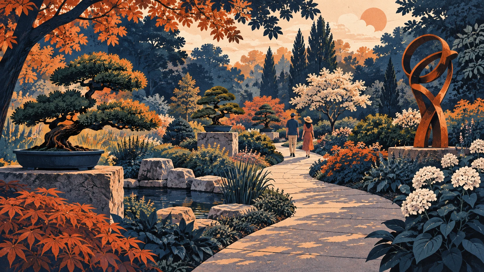 Illustration of a peaceful botanical garden path with bonsai trees and outdoor sculpture