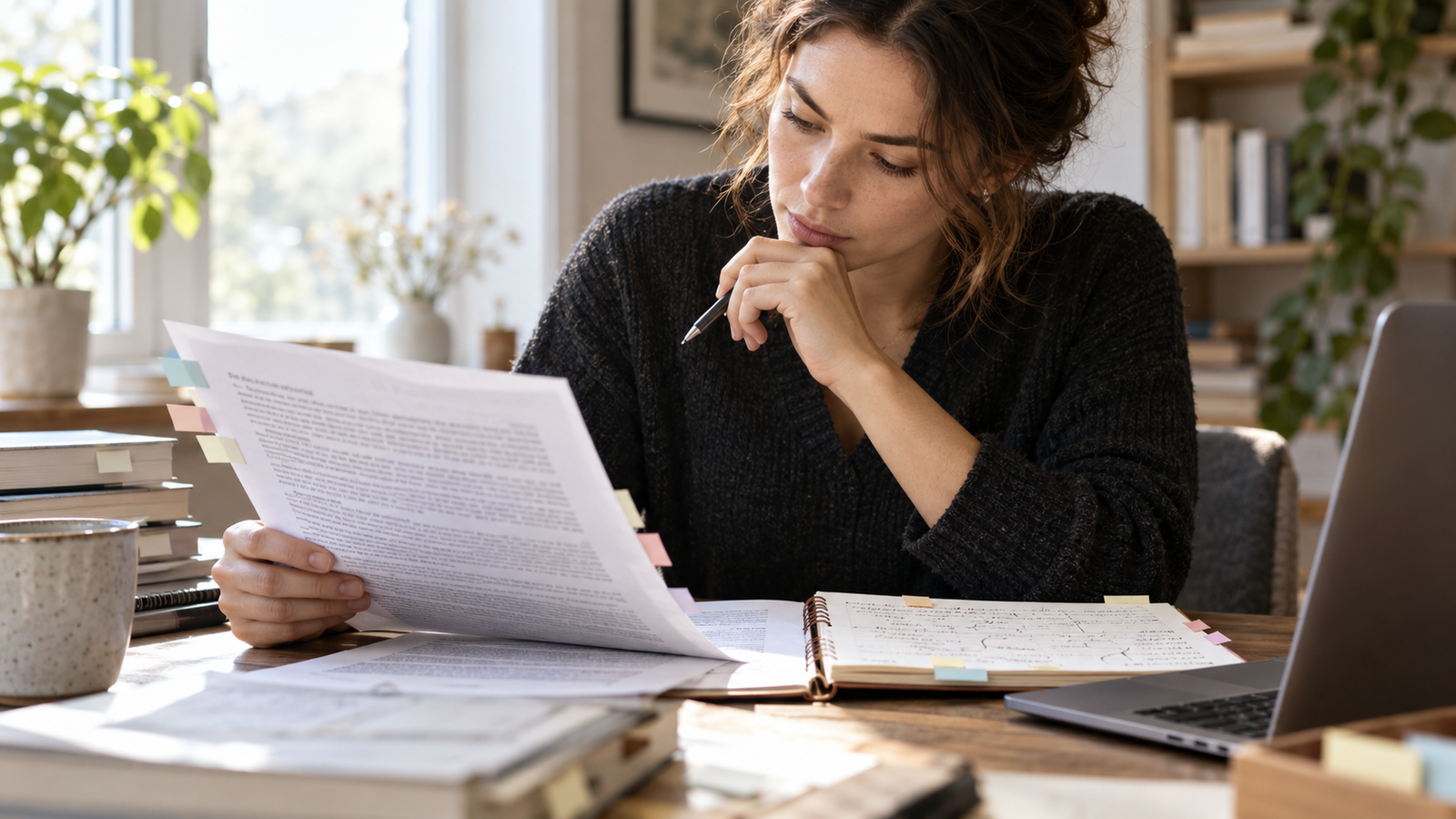 Professional checking notes against original source documents