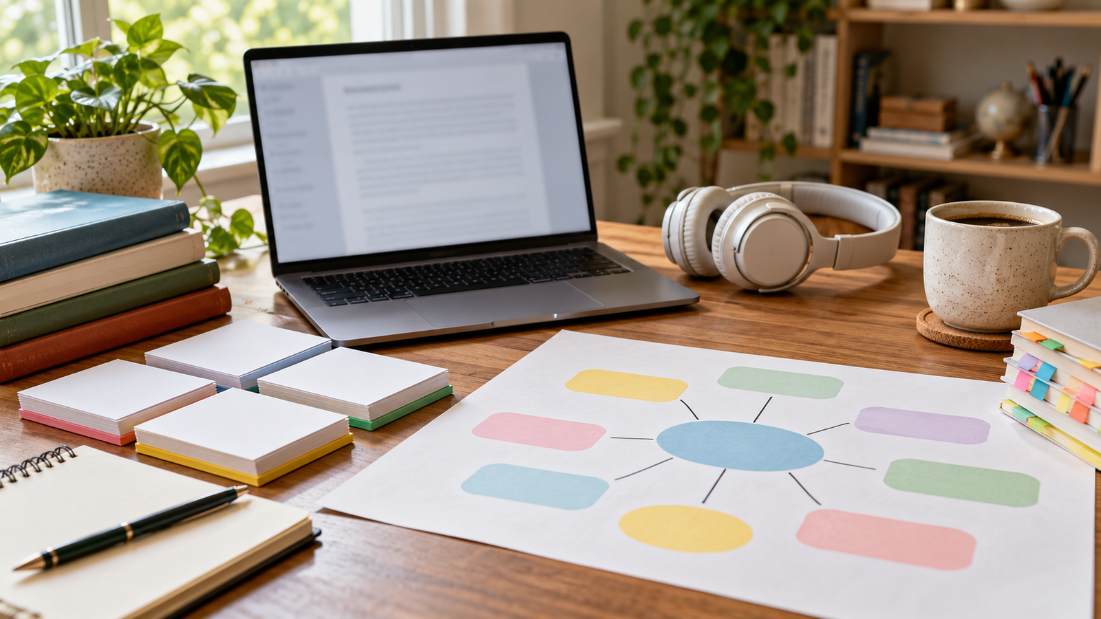 Study workspace with research cards headphones and a visual mind map