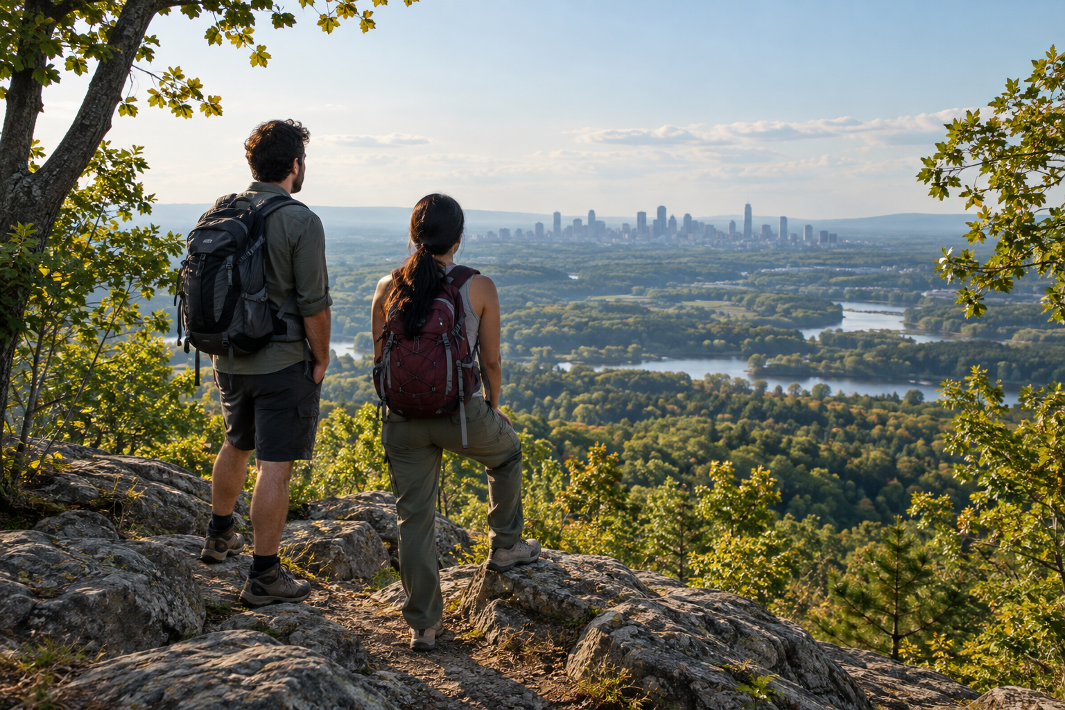 Conceptual editorial image of two hikers looking over a broad Georgia landscape