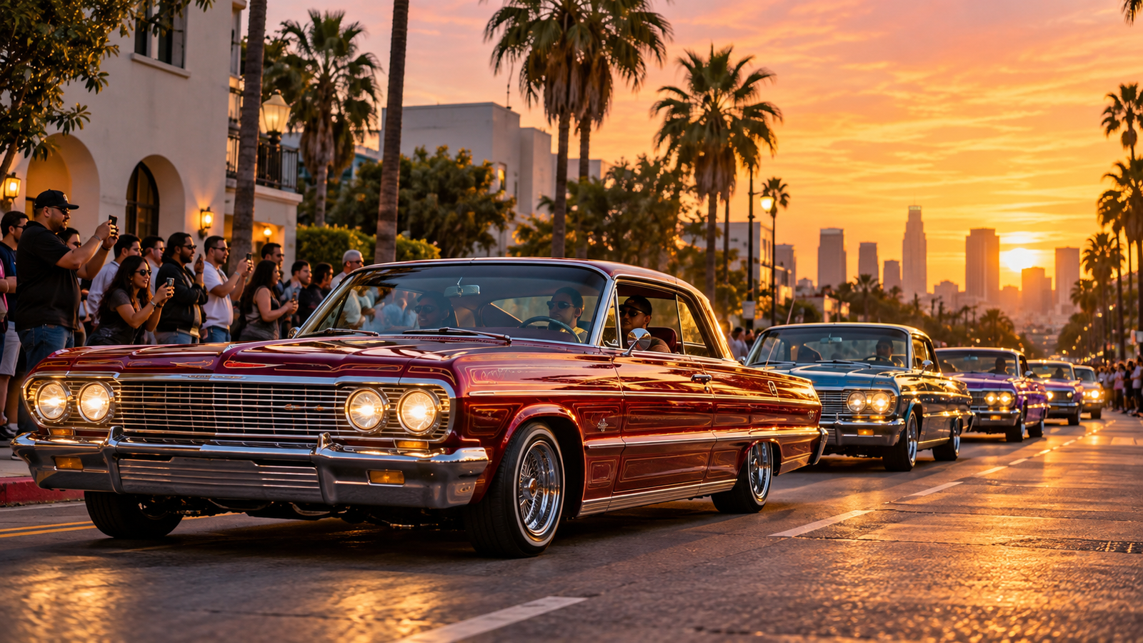 Conceptual illustration of classic lowrider-style cars cruising slowly at sunset while people watch from sidewalks