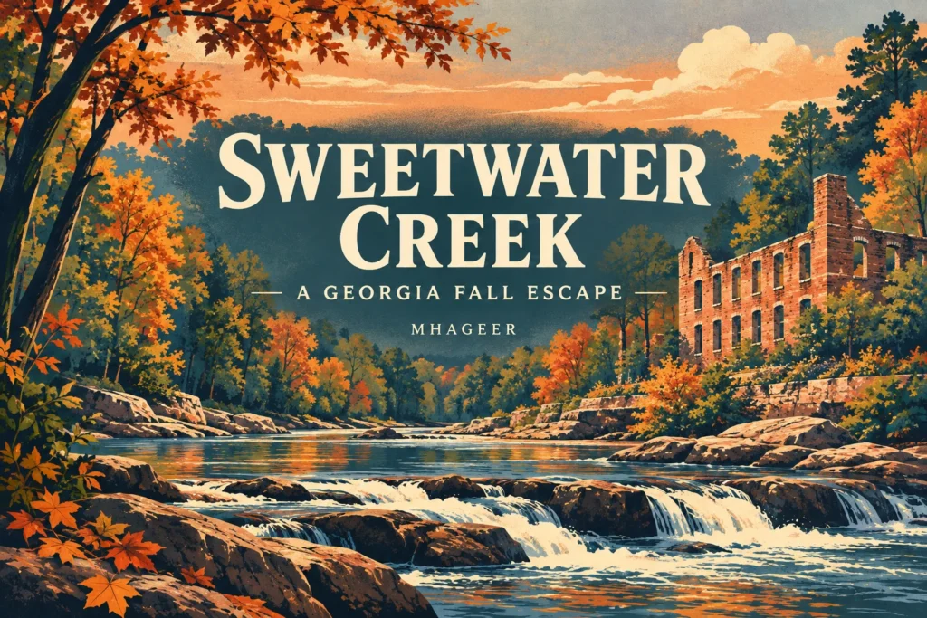 Sweetwater Creek State Park conceptual fall illustration with creek, mill ruins, and A Georgia Fall Escape title