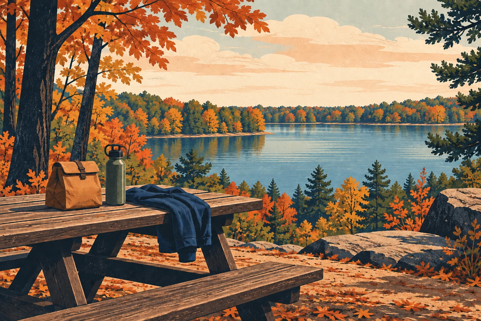 Conceptual illustration of a picnic table with a lunch bag, water bottle, and jacket beside an autumn lake