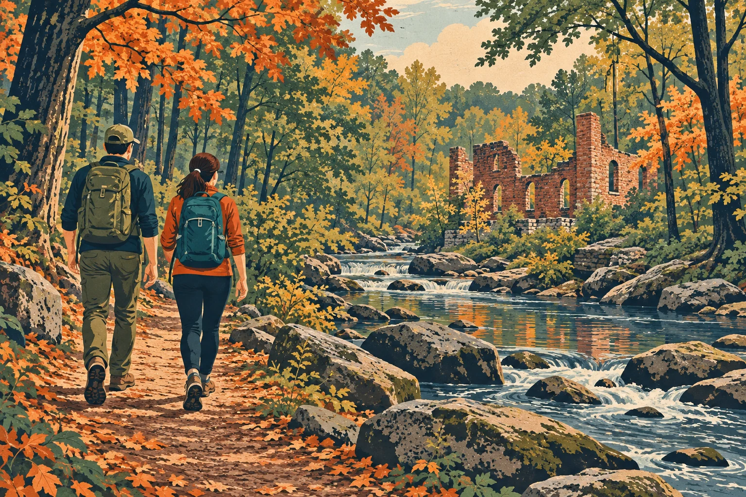 Conceptual illustration of hikers beside a rocky creek and brick mill ruins in autumn woodland