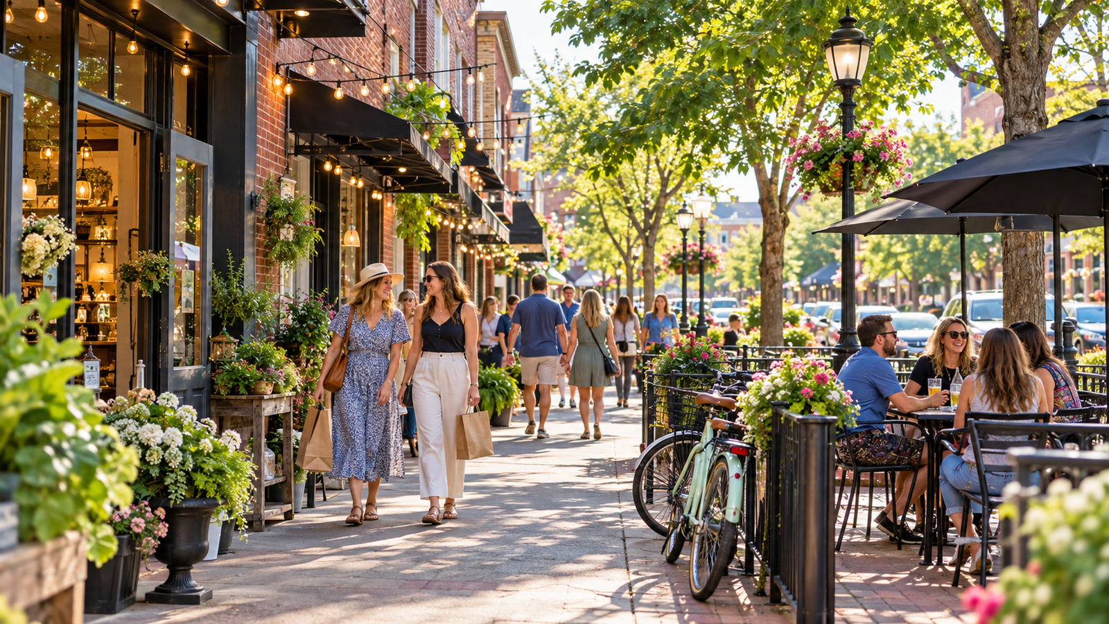 Conceptual illustration of people walking along a leafy brick-lined downtown street with outdoor tables