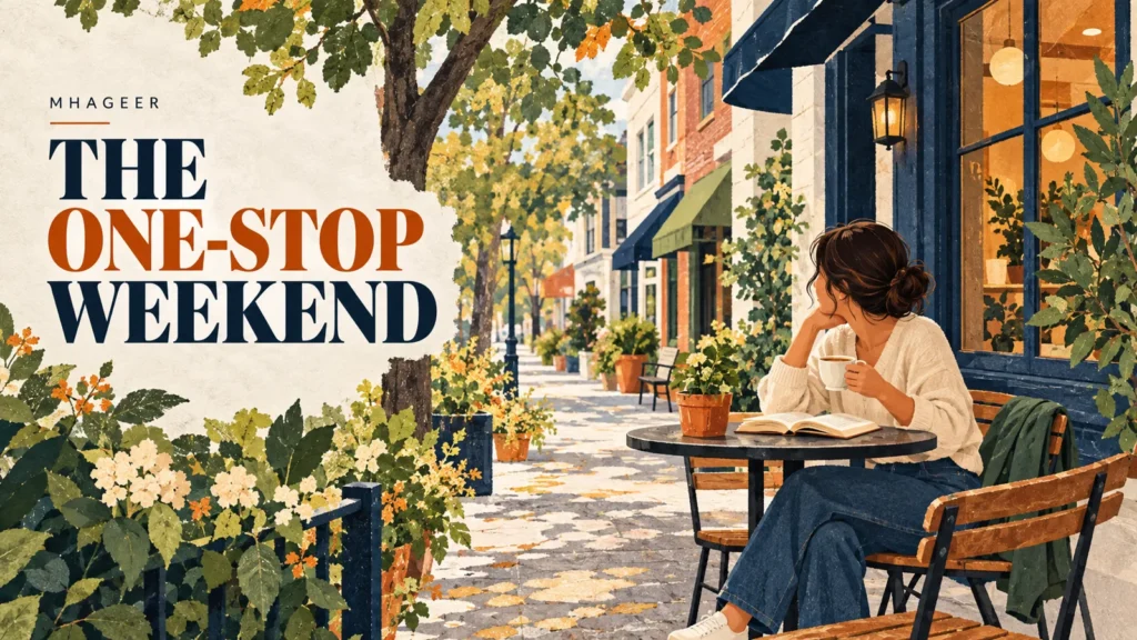 AI-generated illustration of a person enjoying coffee and a book outside a café, with The One-Stop Weekend headline.