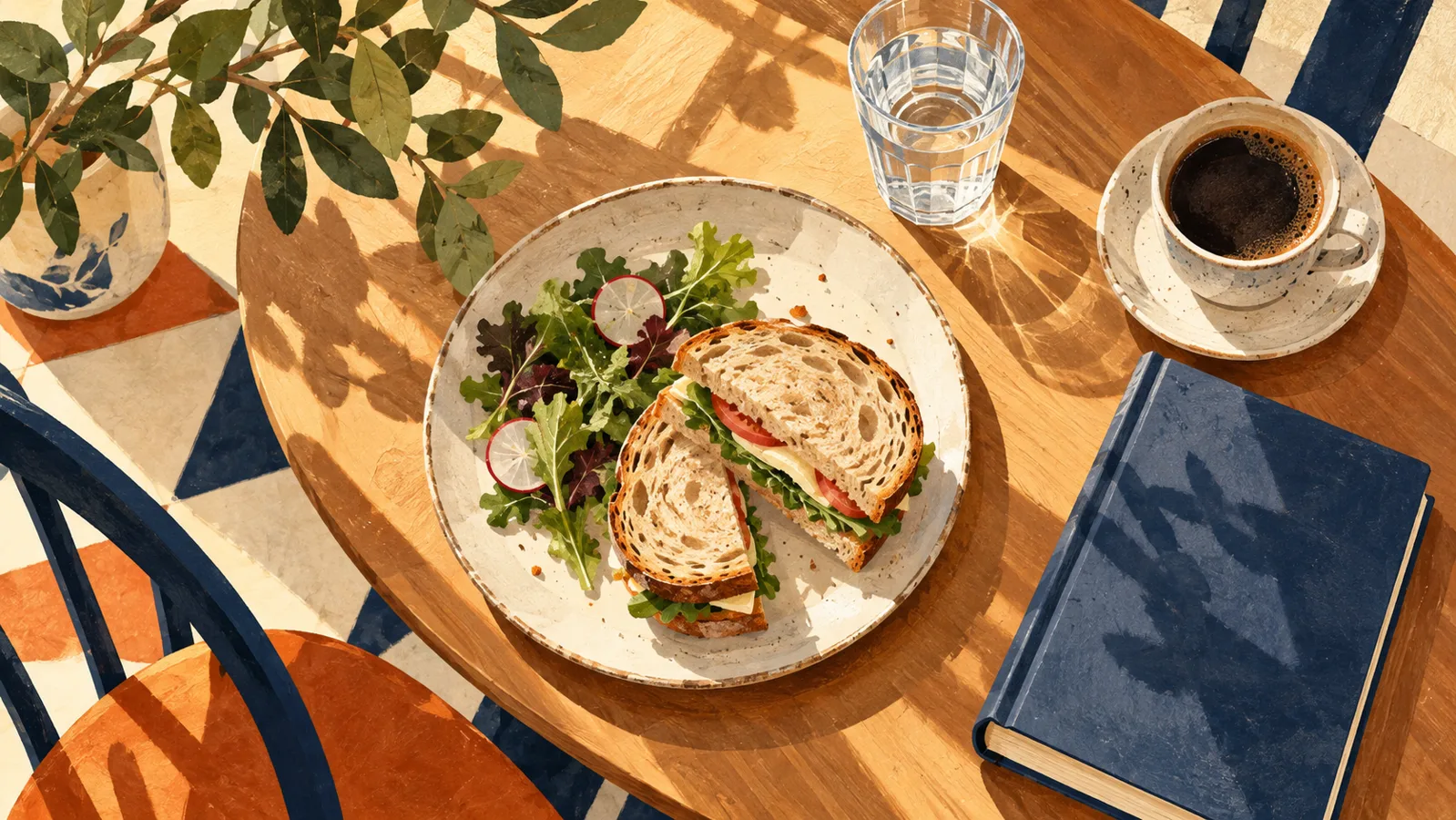 AI-generated illustration: A simple café lunch with a sandwich, salad, coffee, water and a book.
