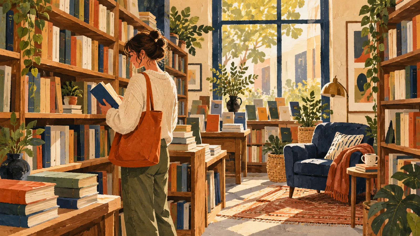 AI-generated illustration: A visitor browsing books in a cozy sunlit bookstore.