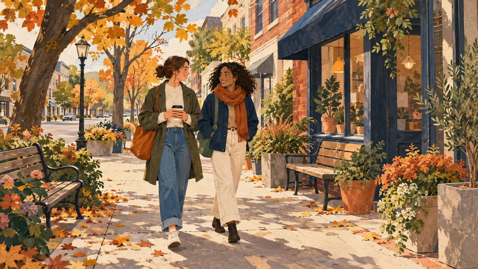 AI-generated illustration: Two friends walking along a leafy neighborhood sidewalk in autumn.