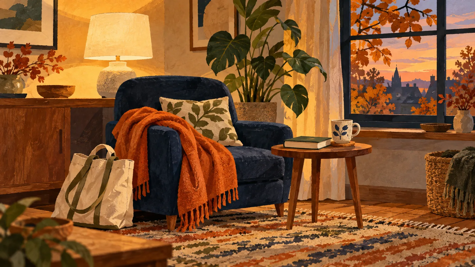 AI-generated illustration: A quiet evening room with an armchair, tea, book and a tote bag.
